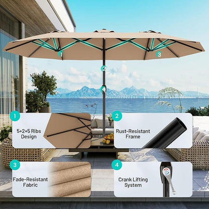 AreShark 15ft Patio Umbrella with Base, Double Sided Outdoor Umbrella with 12 Fiberglass Ribs, Large Outdoor Umbrella for Garden, Pool, Deck, Backyard & Market, Beige