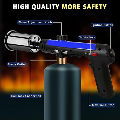 ARTFLAMM Powerful Propane Torch Gun, Flamethrower with Turbo Mode, Charcoal Torch Lighter with Safety Lock, Kitchen Blow Torch for Cooking, BBQ, Searing Steak, Grill(Tank Not Included)