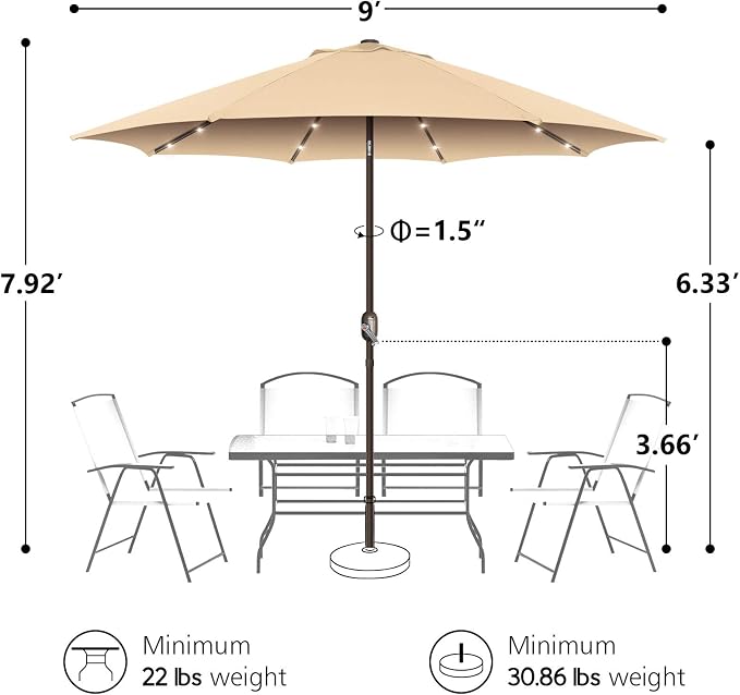 9ft Patio Umbrella with Solar Lights, Outdoor Umbrella with 24 LED Solar Umbrella Lights, Solar Patio Umbrella with Push Botton Tilt & Crank Ideal for Garden, Deck, Backyard & Pool, Brown