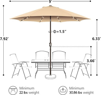 9ft Patio Umbrella with Solar Lights, Outdoor Umbrella with 24 LED Solar Umbrella Lights, Solar Patio Umbrella with Push Botton Tilt & Crank Ideal for Garden, Deck, Backyard & Pool, Brown