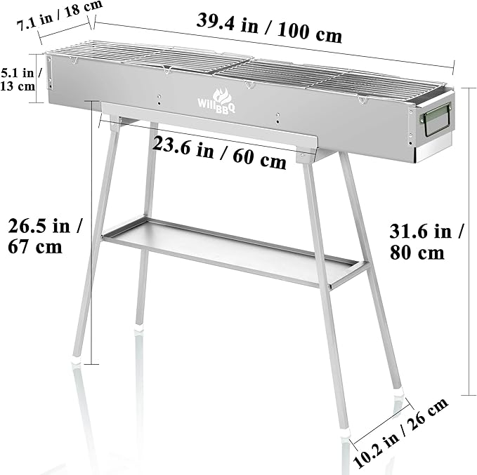 WILLBBQ Commercial Quality Portable Charcoal Grills(39.4x7.1x5.1 inch) with Grill Storage Bag