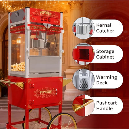 20 Oz Popcorn Machine with Cart, Vintage Movie Theater Style Pop Corn Popper with 16" Bicycle-Style Wheels & a Cabinet for Home Theater, Parties, Events, Red