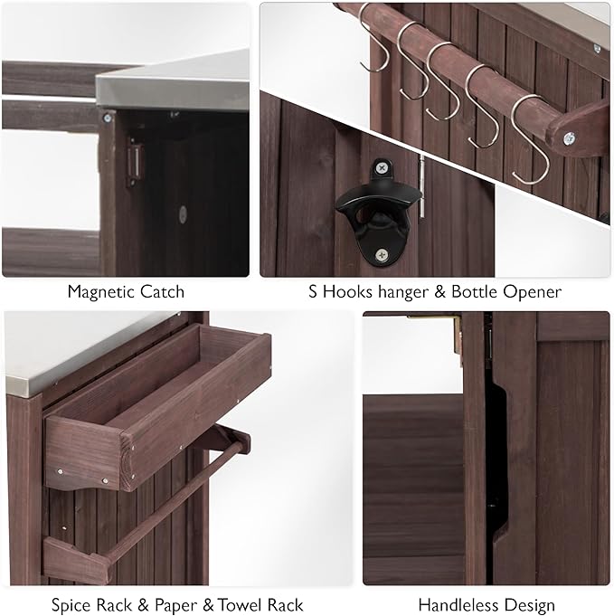 Outdoor Grill Cart Table for Large Big Green Egg Accessories 66.5’’ Solid Wood Kitchen Storage Island Prep Station with Stainless Steel Top for BBQ, Dark Brown
