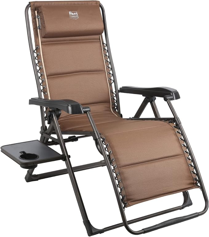TIMBER RIDGE Zero Gravity Chairs, Folding Recliner Chair Padded with Cup Holder and Headrest, Adjustable Lounge Reclining Chair for Outdoor Camping Lawn Patio Indoor, Supports 350lbs, Brown | Padded Foldable Lounger with Sliding Headrest and Cup Holder...