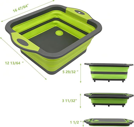 3-in-1 Folding Cutting Boards, Collapsible BBQ Prep Tub with Lid, 9L Container with Strainer, PP+TPR Material Cutting Board, Chopping Board Folds to 1.5Inch Slim for RV, Camping & Small Kitchen