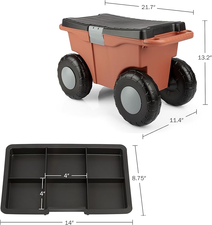 Pure Garden Rolling Garden Cart with Seat, Terracotta | Plastic Garden Bench with Tool Tray for Storage - Gardening Stool for Weeding or Planting