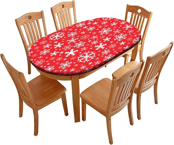 Christmas Elastic Fitted Tablecloths, White Snowflakes on Red Background Oval Table Covers, Fits Oval Tables up to 48" x 68", Polyester Table Cloth Wrinkle Resistant Decor Indoor Family Banquet Use