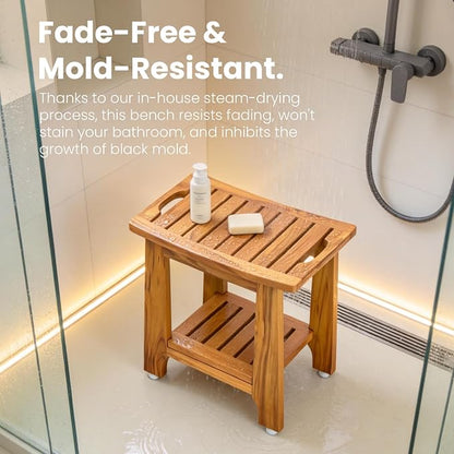 NNN 21" Standard Teak Shower Bench with Japan-Made Non-Slip Leveling Feet | US Patented Design, Marine-Grade Hardware, Pre-Oiled European Teak Oil, Ready, 300lb, for Showers Spa Sauna & Outdoor Pools