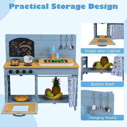 INFANS Mud Kitchen, Wood Pretend Play Kitchen with Running Water Removable Sand Sink Cover Cloth Faucet Chalkboard Stoves Toddle