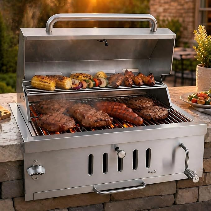 Built in Charcoal Grills for Outdoor Kitchen Island, Large Drop-in Barbecue Grill with Liftable Tray, Insulated Hood & Temp Gauge Heavy Duty Stainless Steel BBQ Grill for Family Parties Patio Cooking