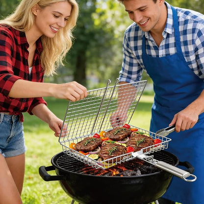 Grill Basket, Stainless Steel Fish Grill Baskets for Outdoor with Detachable Handle - Perfect for Fish, Meat, Vegetables and Ideal as Grilling Gifts for Dad, Barbecue Accessories for Camping and Cooking Essentials.