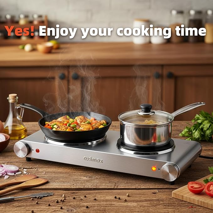 CUSIMAX Electric Hot Plate, 1800W Double Burner, Cast Iron Countertop Cooktop, Hot Plates for Cooking, Portable Countertop Stove, Compatible with all Cookwares, Upgraded Version