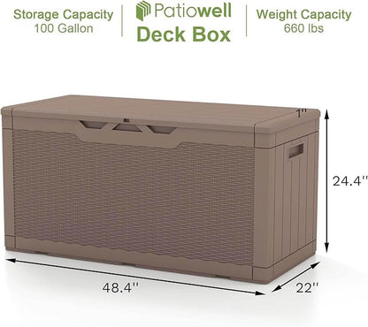 Patiowell 100 Gallon Resin Deck Box, Waterproof Large Outdoor Storage Box for Patio Furniture and Garden Tools, Dark Brown