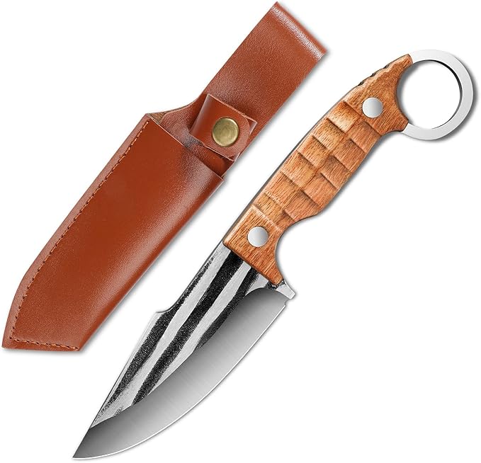 Plys Full-Tang Fixed Blade Knife - 3.9" Durable Outdoor Survival Knife with 4mm Thick Blade, Ergonomic Rosewood Handle, PU Leather Sheath, Ideal for Camping, BBQ, Hiking, and Kitchen Use
