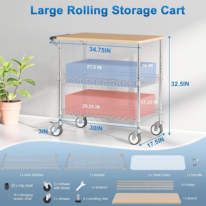 Rolling Kitchen Carts with Wheels, 3-Tier Utility Cart with Wood Tabletop | NSF Commercial Metal Serving Cart with Handle and Shelf Liner for Kitchen Snacks, 34"D x 17.5"W x 32.5"H,Chrome