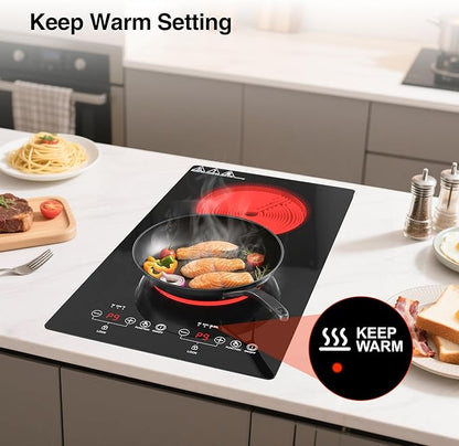 2100W Electric Cooktop 2 Burners 110V, 12" Electric Stove Top Hot Plate with Touch Control, Countertop & Built-in Ceramic Cooktop, Keep-Warm, Timer, Child Safety Lock, Compatible with All Cookware