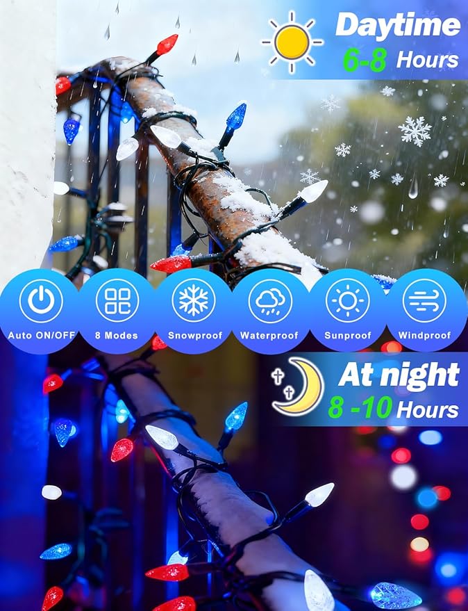 2 Pack C6 Strawberry String Lights, 50 LED Red White Blue Solar Powered Waterproof 8 Modes Outdoor Garden Patriotic Lights for 4th of July Decor