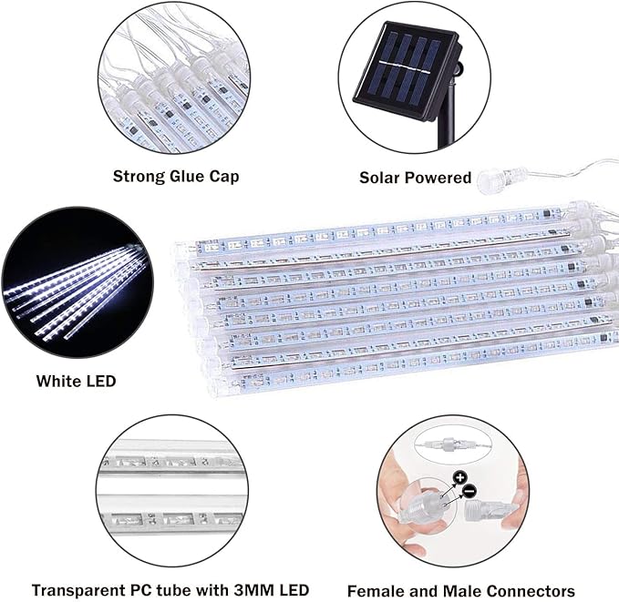 JMEXSUSS 2 Pack Solar Christmas Meteor Shower Lights, 16 Tube 288 LED White Solar Christmas String Lights Outdoor Waterproof for Tree Patio Garden Wedding Party Decorations