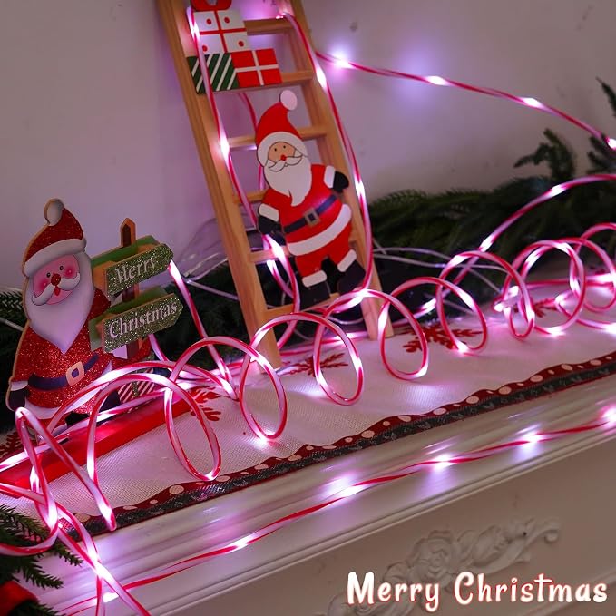 YEGUO Solar Rope Lights Outdoor Waterproof, 66ft 200 LED Candy Cane String Lights, 8 Modes Fairy Lights in Clear Thin Tube