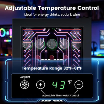 Electactic 3.2 Cu.Ft Compact Gaming Beverage Cooler | Light Up Glass Door, Digital Temp Control, Adjustable Shelves for Wine Beer Soda