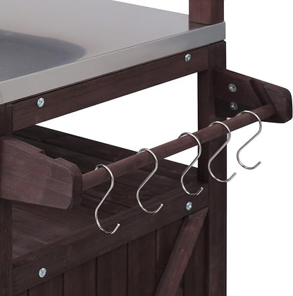 Outdoor Kitchen Island with Raised Shelf, Storage Cabinet with Stainless Steel Top,Outdoor Rolling Grill Cart with Internal Storage Rack, Adjustable Shelf,Spice Rack (Brown-@Outdoor cart)