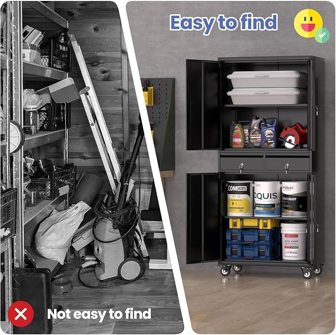 Metal Storage Cabinet, 73'' with Wheels, Lockable Doors, 2 Drawers, and Adjustable Shelves for Garage, Workshop or Office - Black