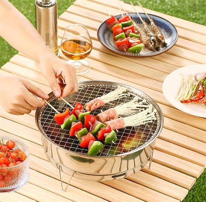 BBQ Grill Barbeque Grill Stainless Steel BBQ Charcoal Grill Desktop Disposable Barbecue Grill for Outdoor Barbeque Grill Camping (Silver 28 * 10.7cm)