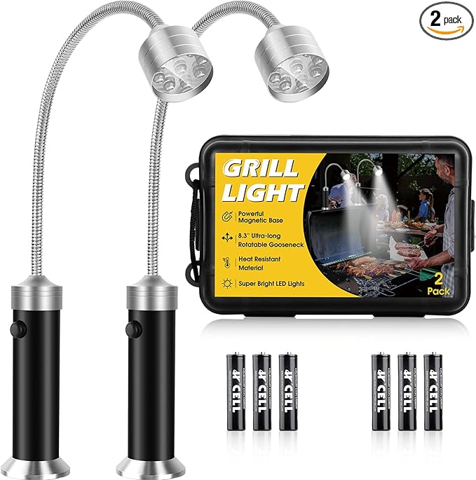 Barbecue Grill Lights, Grilling Gifts for Men Dad, BBQ Grill Accessories for Outdoor, Grill Lamps with Magnetic Base, Super Bright LED, 360 Degree Flexible Gooseneck, Stocking Stuffers, Pack of 2