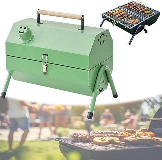 Portable Charcoal Grill, with Double-Sided Grate, Tabletop Outdoor Barbecue Smoker, Small BBQ Grill for Outdoor Cooking Backyard Camping Picnics Beach(Green)