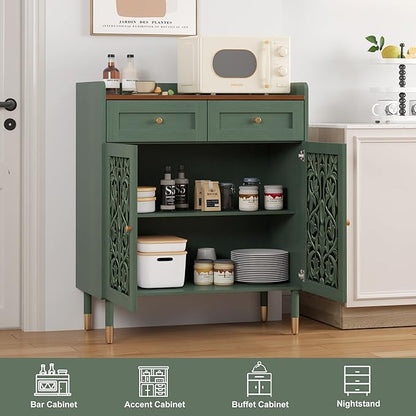 3More Sideboard Buffet Cabinet with Retro Carving Pattern Set of 2, Kitchen Pantry Storage Cabinet with 1 Drawer & 2 Doors, Coffee Bar for Living Room, Kitchen, Dining Room, Green