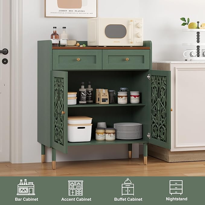 3More Sideboard Buffet Cabinet with Retro Carving Pattern,Kitchen Pantry Storage Cabinet with 1Drawer & 2 Doors，Coffee Bar for Living Room,Kitchen,Dining Room,Green