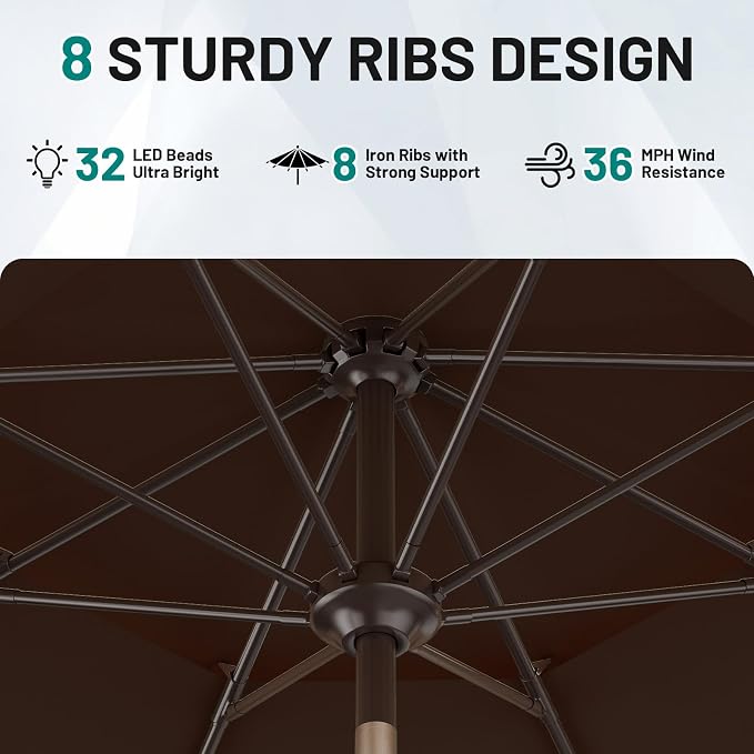AreShark 9ft 3 Tiers Patio Umbrella with Solar Lights, Outdoor Umbrella w/ 32 LED Lights&8 Sturdy Ribs, Table Umbrella for Deck, Backyard, Pool (Dark Brown)
