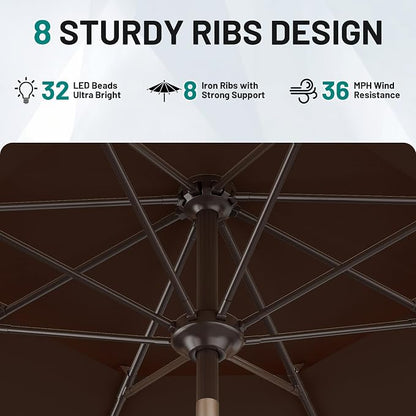 AreShark 9ft 3 Tiers Patio Umbrella with Solar Lights, Outdoor Umbrella w/ 32 LED Lights&8 Sturdy Ribs, Table Umbrella for Deck, Backyard, Pool (Dark Brown)