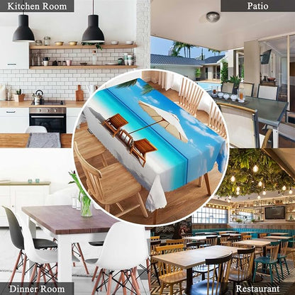 Swono Beach Chairs Rectangle Tablecloth Turquoise Sea Sand Beach Chair Palms Table Cloth Dining Table Cover for Home Kitchen Restaurant Party Buffet Picnic, 52x70 Inch