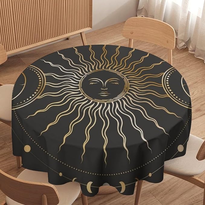 Vintage Sun Round Tablecloth Boho Celestial Star Magical Galaxy Space Moon Phases Table Cloth Water Resistant Wipeable Table Cover for Farmhouse Picnic Party Holiday Kitchen Dinner Table 36"