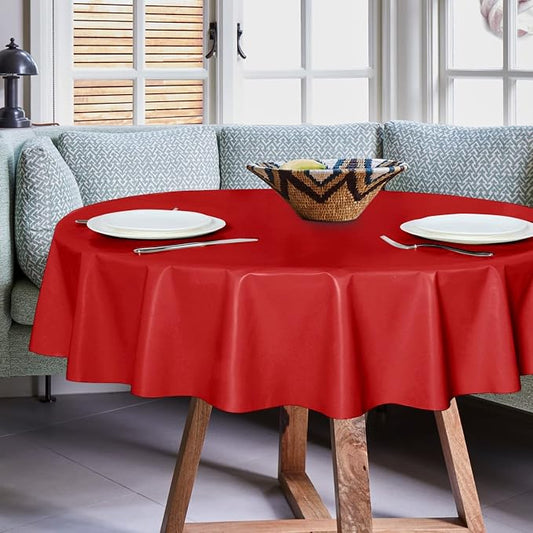sancua 100% Waterproof Vinyl Tablecloth Table Cloth 60 Inch Round, Red | Oil Spill Proof, PVC Material, Wipe Clean Table Cover for Dining Tables, Buffet Parties and Camping