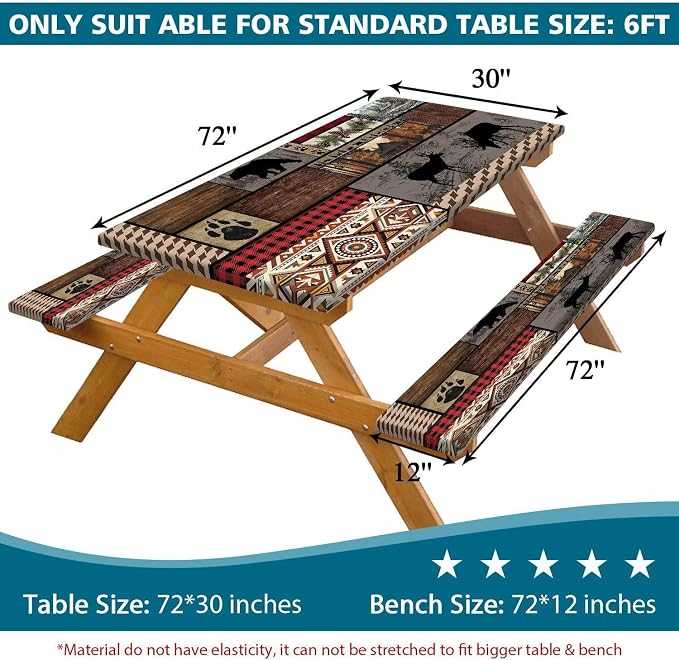 Picnic Table Cover with Bench Covers Elastic Edges, Rustic Cabin Bear Deer Print Table Cover, Waterproof Windproof Fitted, for Outdoor Camping Picnic Patio Garden , Drawstring Bag, 60 Inch 3PCS