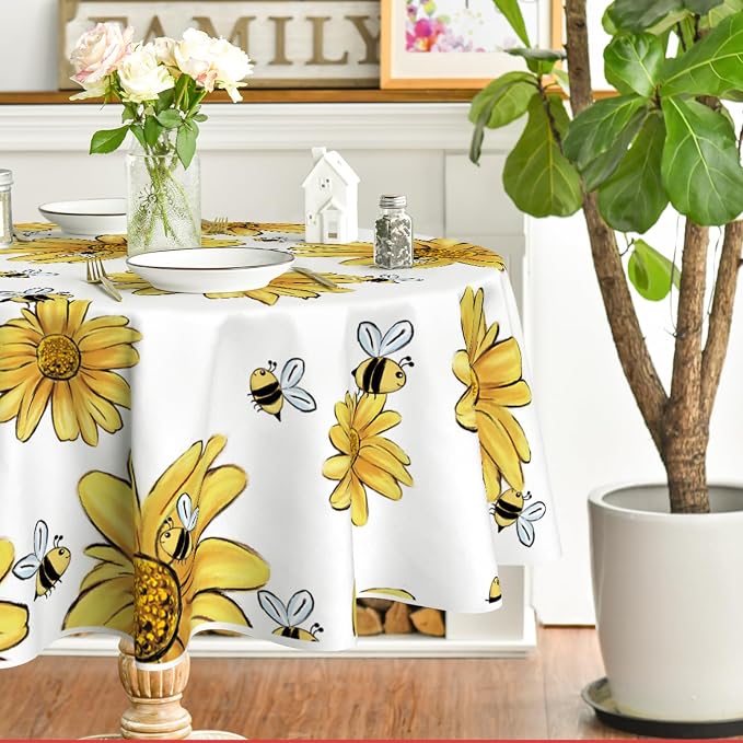 Horaldaily Summer Tablecloth 70 x 70 Inch Round Yellow Sunflower Bumble Bee | White Fall Washable Table Cover for Party Picnic Dinner Decor