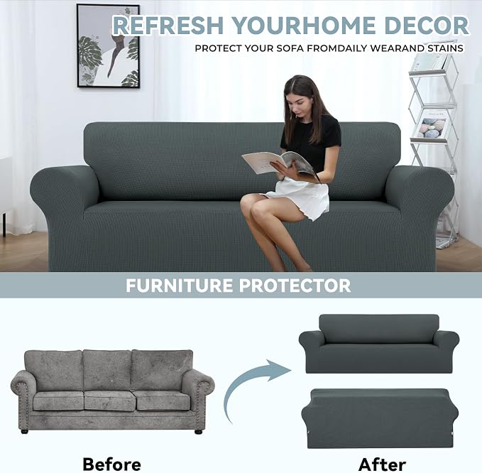 LURKA Stretch Couch Cover for Sofa, 1 Piece 3 Cushion Slipcover, Grey | Soft Stretch Jacquard, Fits 78"-94" Sofas, Elastic Bottom for Secure Fit, Machine Washable, Pet & Kid Friendly