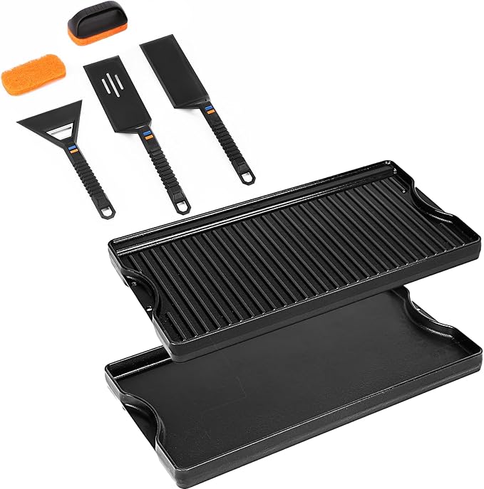 Utheer Griddle Kit, 19.5" x 10.5" Reversible Cast Iron Flat Top Griddle with 5-Piece Scratch-Free Nonstick Safe Nylon Tools, Ceramic Nonstick Grill Griddle for Stove Top, Gas Grill, BBQ and Camping