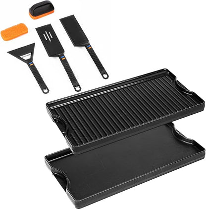 Utheer Griddle Kit, 19.5" x 10.5" Reversible Cast Iron Flat Top Griddle with 5-Piece Scratch-Free Nonstick Safe Nylon Tools, Ceramic Nonstick Grill Griddle for Stove Top, Gas Grill, BBQ and Camping