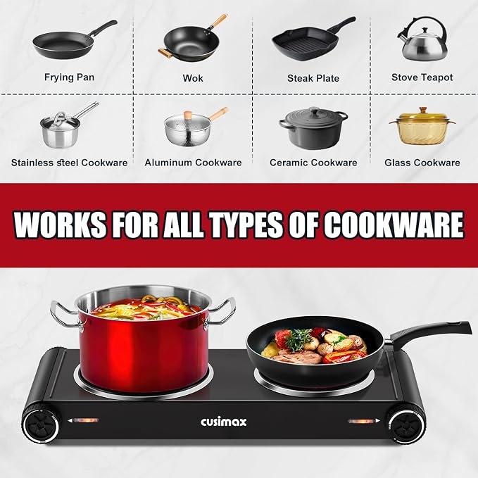 CUSIMAX Hot Plate for Cooking,1800w Double Infrared,Portable Electric Stove,Adjustable Temperature Control,Glass Plate Double Cooktop for Dorm Office Home Camp,Stainless Steel
