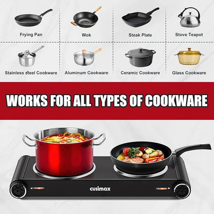 CUSIMAX Hot Plate for Cooking,1800w Double Infrared,Portable Electric Stove,Adjustable Temperature Control,Glass Plate Double Cooktop for Dorm Office Home Camp,Stainless Steel
