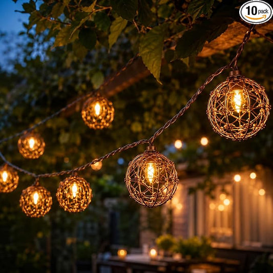 Abeja LED Outdoor Patio Lights, 8.5Ft Beaded Copper Wire Ball Style Lantern Lights with 12 Mini Bulbs, Connectable Boho Lantern String Lights for Yard Garden Bistro Campings Porch Party Backyard
