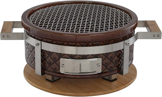 Round Hibachi Charcoal Ceramic Cooking Grill Yakatori Japanese Grill Table BBQ Handmade Clay Oven For Outdoor Barbecues Camping Thanksgiving Christmas, 18"x14"x7", Brown