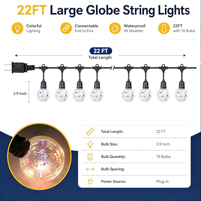 Vigdur 22Ft Patriotic String Lights, Red White Blue Globe String Lights Connectable with 10 Plastic Shatterproof LED Bulbs for Independence Day Patriotic Holidays Decoration