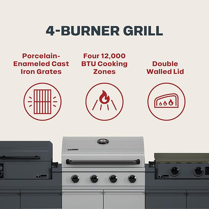 Tytus Anaheim 4-Burner Gas Grill with Two Prep Carts, Pellet Smoker, and Gas Griddle with Cover - Modular Outdoor Kitchen, Quick Assembly, Grill for Outdoor Cooking, Kitchen Island for BBQ