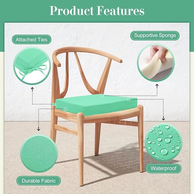 Cozyide Outdoor Chair Cushions, Waterproof Patio Seat Cushions with Adjustable Straps, Square Corner Patio Chair Cushions for Garden, Aqua Blue, 18.5x16x3 Inch (Pack of 4)