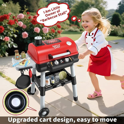 Shemira Kids Play Kitchen Toys, Kids BBQ Grill Playset, Play Grill Toys | 2-Layer Barbecue Toy with Wheel Smoke Sound Light, Outdoor Toys for Toddlers 3-5, Play Food Toys Cooking Set, Birthday Gift