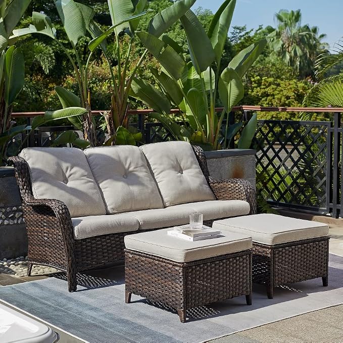Rilyson Outdoor Patio Wicker Sofa, 900Lbs Weight Capacity Large 3 Seater Wicker Patio Couch with 4in Seat Cushions and Deep Seating, All Weather for Backyard, Garden, Poolside (Brown/Beige)